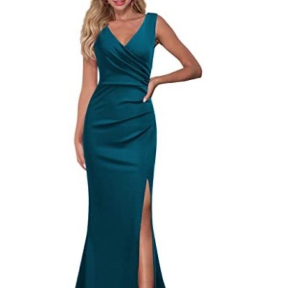 WOOSEA Women Sleeveless V Neck Split Long Dress, ‎ DARK GREEN, Size XL,